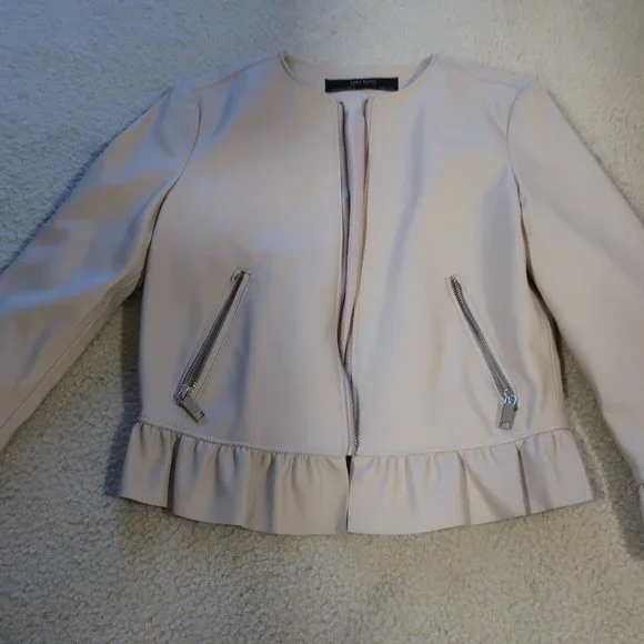 **HOST PICK** ZARA Ladies (XS) Faux Leather Frill Jacket Pale Pink (Dusty Pink) - Picture 2 of 8